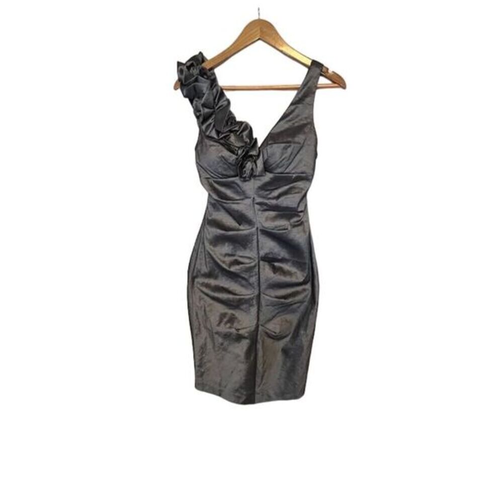 Xscape Joanna Chen Gray Taffeta Cocktail Dress Scoop Neck Tulip Hem Women's.  S